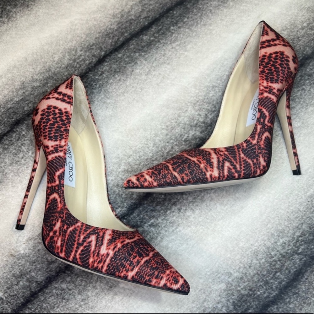 Jimmy Choo Anouk Mandarin Red Mix Snake Printed Fabric Pumps Heels - Picture 3 of 11